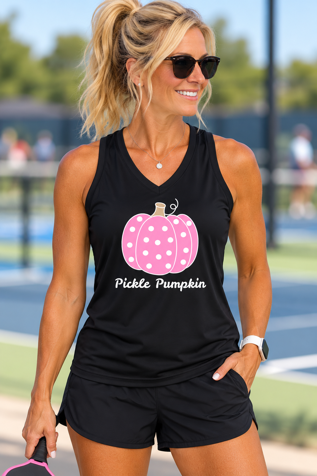 AFTER DARK, Halloween Performance Collection. Ladies Athletic Tank – Lightweight Pickleball Performance Top | Sleeveless Activewear. Pickle Pumpkin.