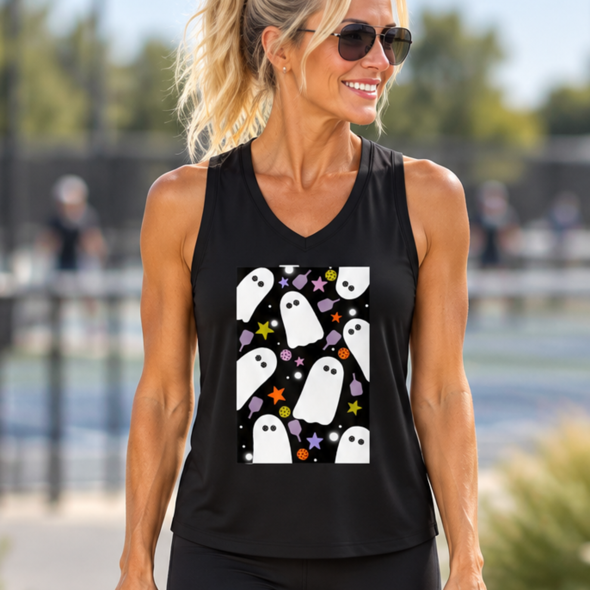AFTER DARK, Halloween Performance Collection. Ladies Athletic Tank – Lightweight Pickleball Performance Top | Sleeveless Activewear. Ghosts & Pickleball.