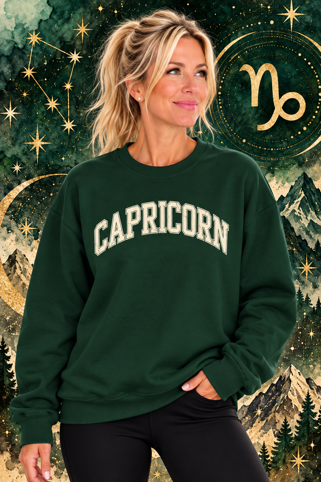 The Zodiac Collection. Unisex Garment-Dyed Crew Neck, Graphic Sweatshirt. Capricorn in Ivory on Forest Green.