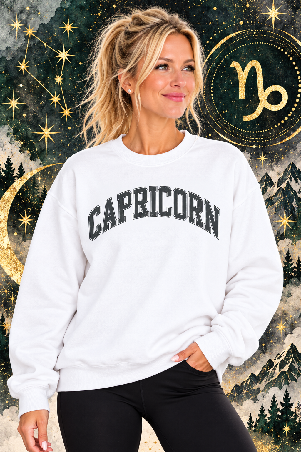 The Zodiac Collection. Unisex Garment-Dyed Crew Neck, Graphic Sweatshirt. Capricorn in Charcoal Gray on White.