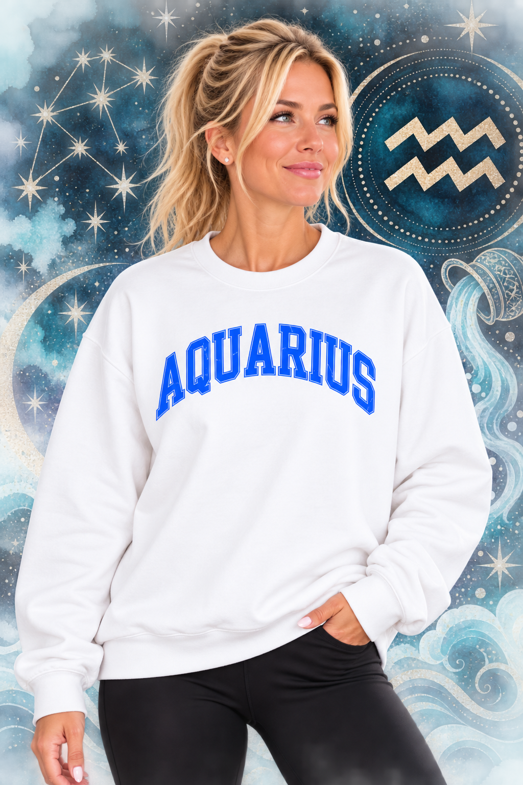 The Zodiac Collection. Unisex Garment-Dyed Crew Neck, Graphic Sweatshirt. Aquarius in Electric Blue on White.