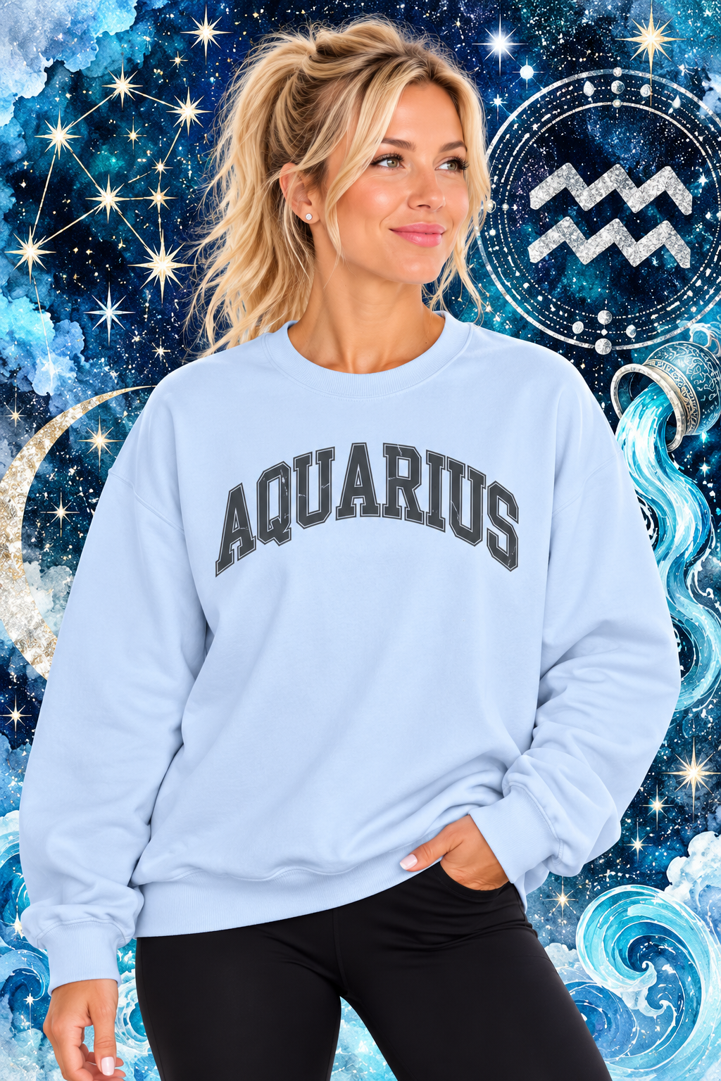 The Zodiac Collection. Unisex Garment-Dyed Crew Neck, Graphic Sweatshirt. Aquarius in Charcoal on Light Blue.