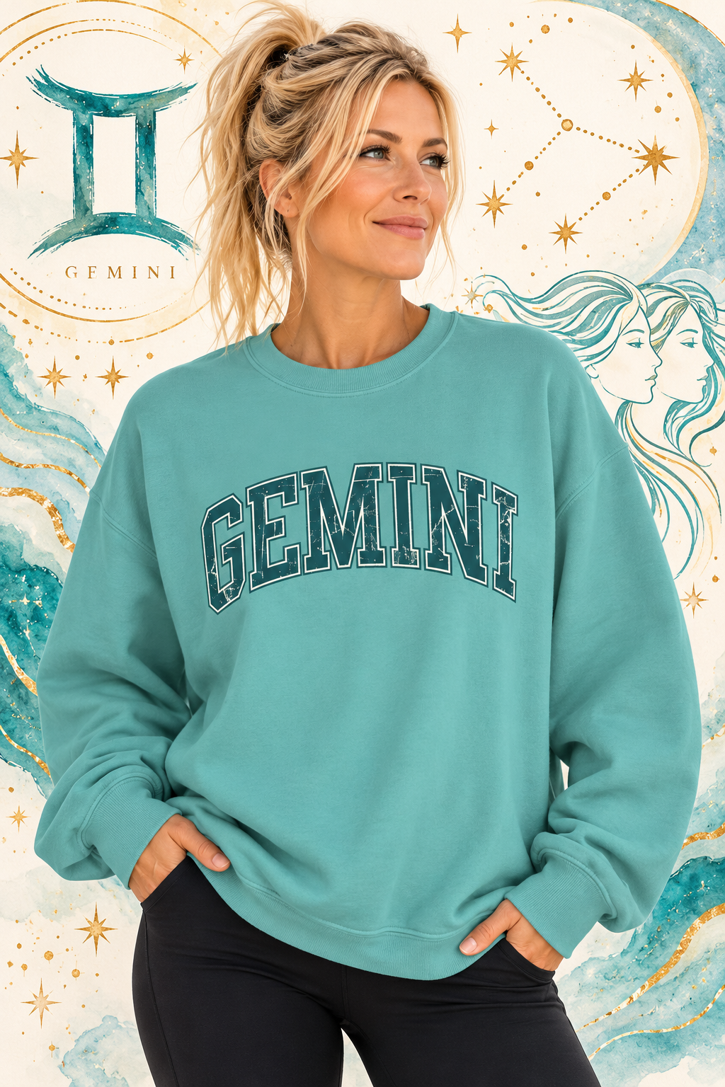 The Zodiac Collection. Unisex Garment-Dyed Crew Neck, Graphic Sweatshirt. Gemini Deep Teal on Seafoam.