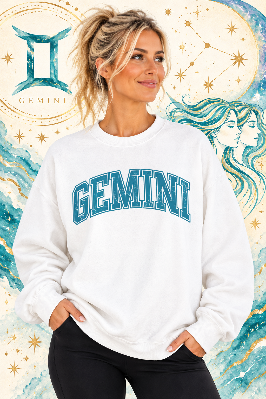 The Zodiac Collection. Unisex Garment-Dyed Crew Neck, Graphic Sweatshirt. Gemini in Turquoise on White.