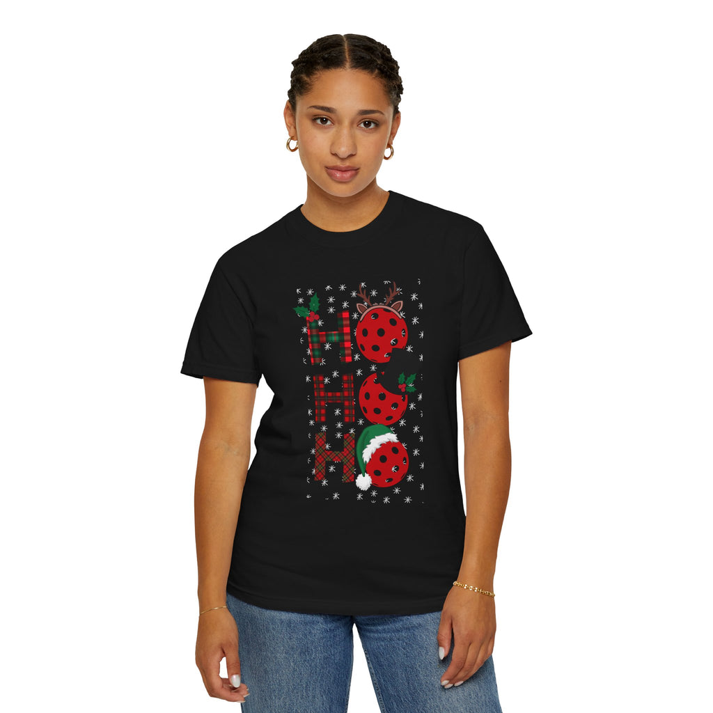 Holiday Moon. Unisex, Garment-Dyed, Crew Neck, Short Sleeve, Graphic T-Shirt. Pickleball Ho.Ho.Ho.