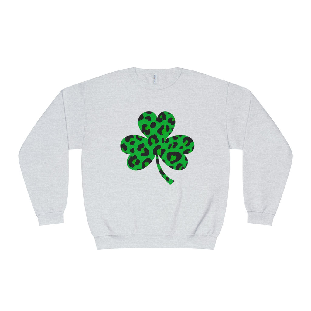 Lucky Moon. Ladies, Crew Neck, Medium-Heavy NuBlend fleece/cotton, Graphic Sweatshirt. Leopard Shamrock.