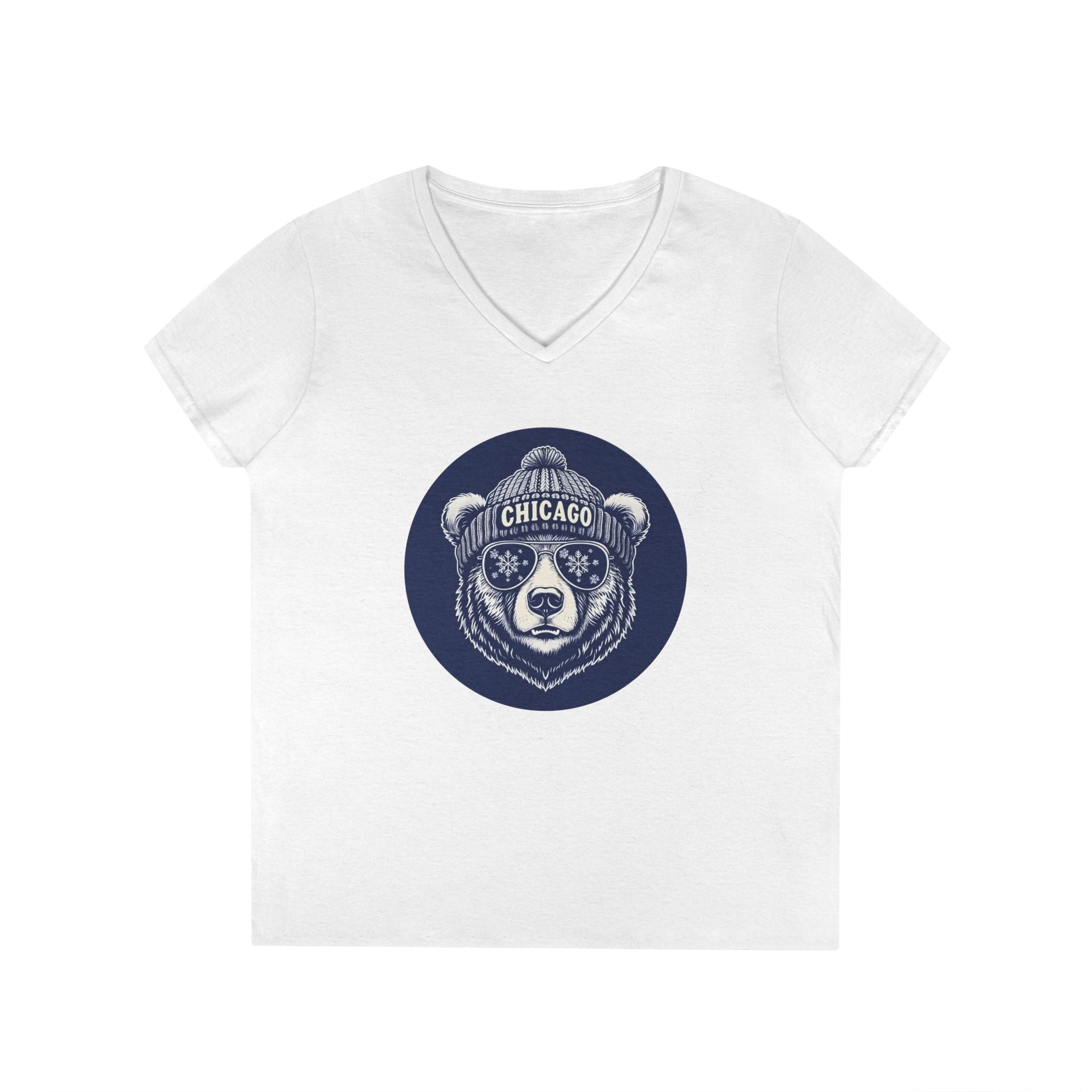 Sporty Soul. Ladies, V-Neck, Short Sleeve, Graphic T-Shirt. Retro Winter Beanie Bear.