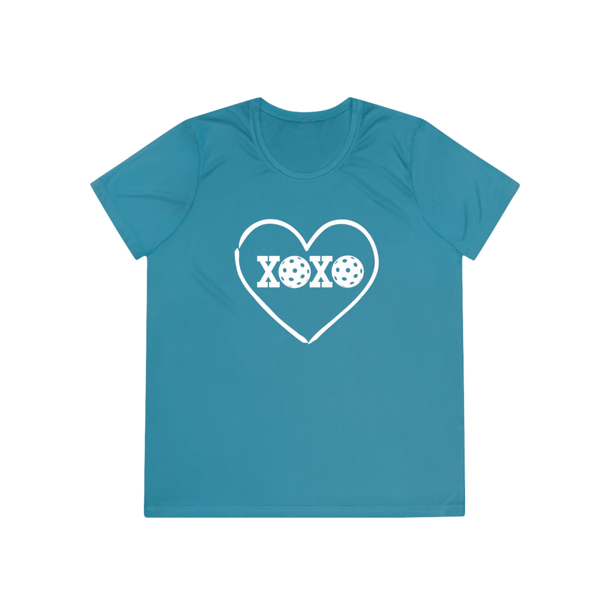 A New Pickleball Dryfit. Ladies, short sleeve, crew neck, moisture-wicking fabric, graphic tee. XOXO. Available in 9 colors.