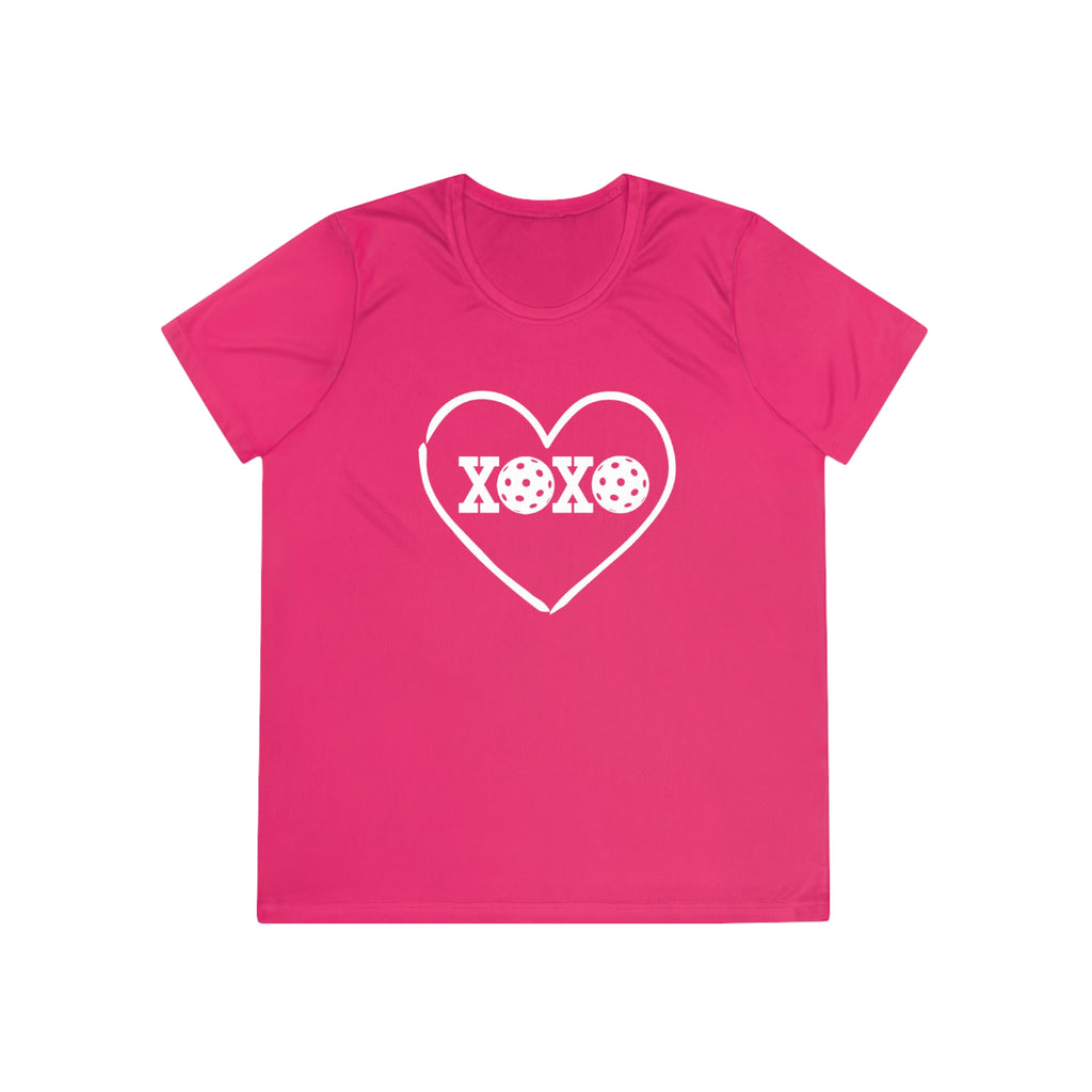 A New Pickleball Dryfit. Ladies, short sleeve, crew neck, moisture-wicking fabric, graphic tee. XOXO. Available in 9 colors.