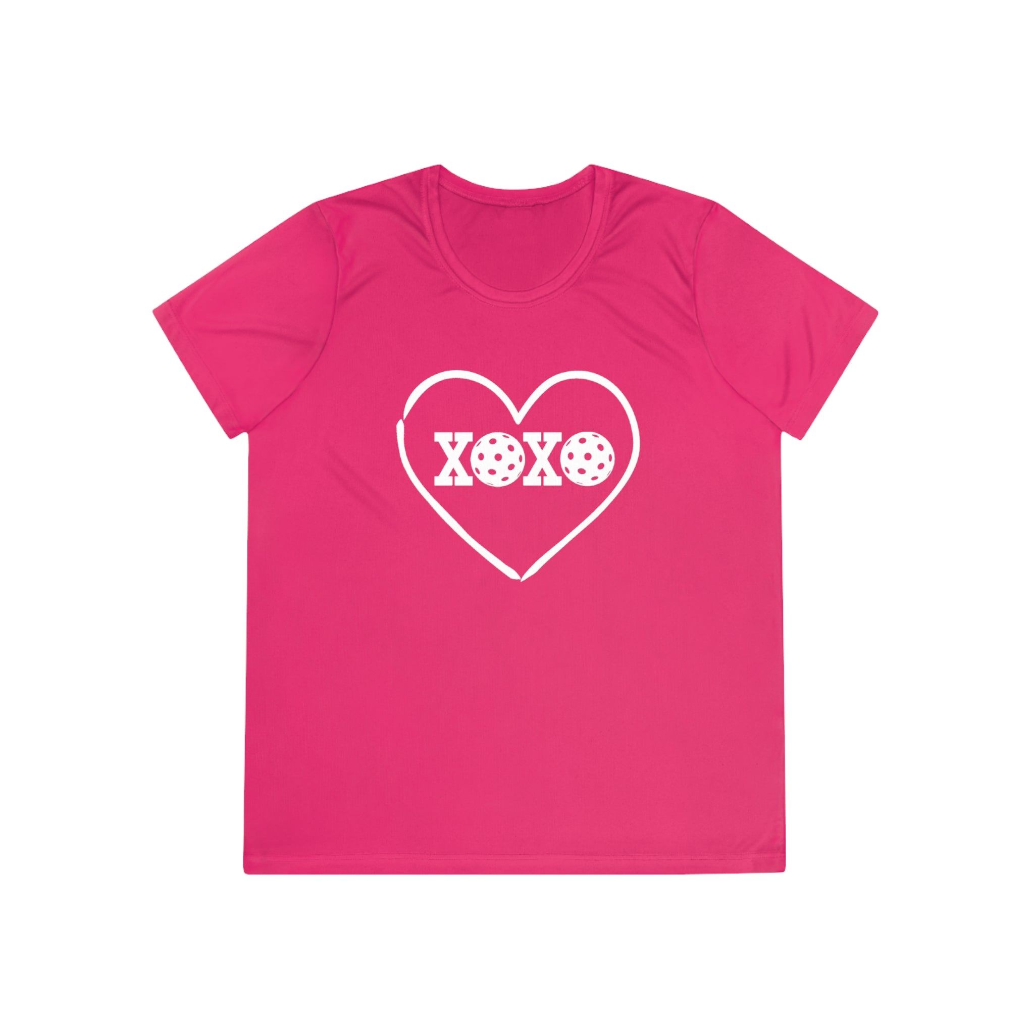 A New Pickleball Dryfit. Ladies, short sleeve, crew neck, moisture-wicking fabric, graphic tee. XOXO. Available in 9 colors.