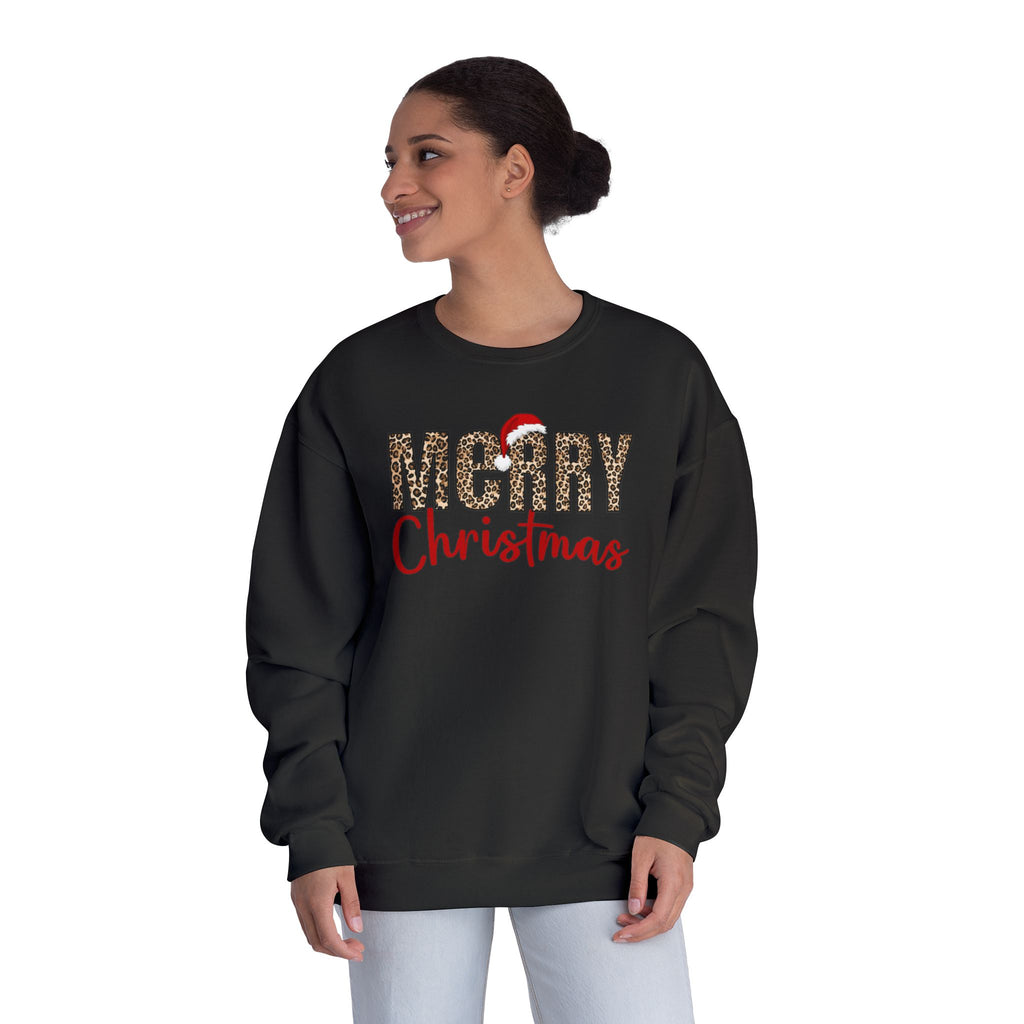 Holiday Moon.  Ladies, crew neck, long sleeve, graphic sweatshirt.  Merry Christmas Leopard.