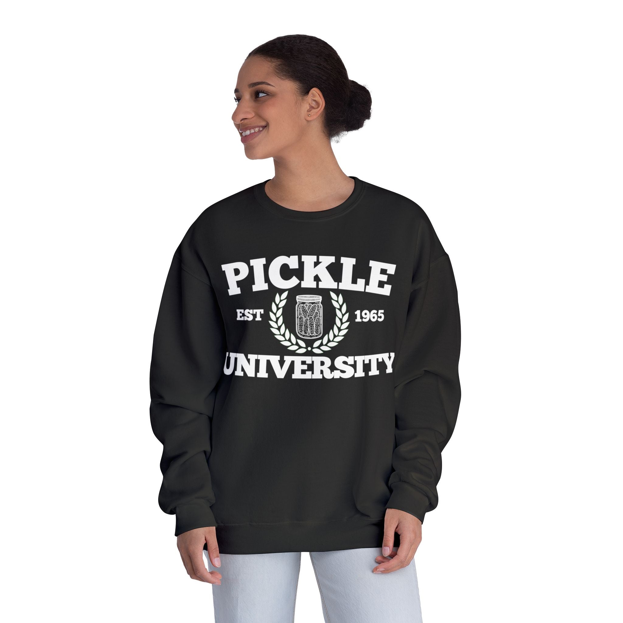 Pickleball. Ladies, Crew Neck, Medium-Heavy NuBlend fleece/cotton, Graphic Sweatshirt. Pickleball. 7 Color Options. Vintage “Pickle Est. 1965” College Style.