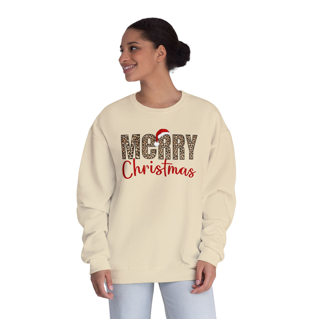 Holiday Moon.  Ladies, crew neck, long sleeve, graphic sweatshirt.  Merry Christmas Leopard.