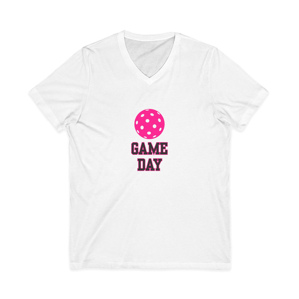 Pickleball. Unisex, V-Neck, Short Sleeve, Graphic T-Shirt. Game Day. Pink.