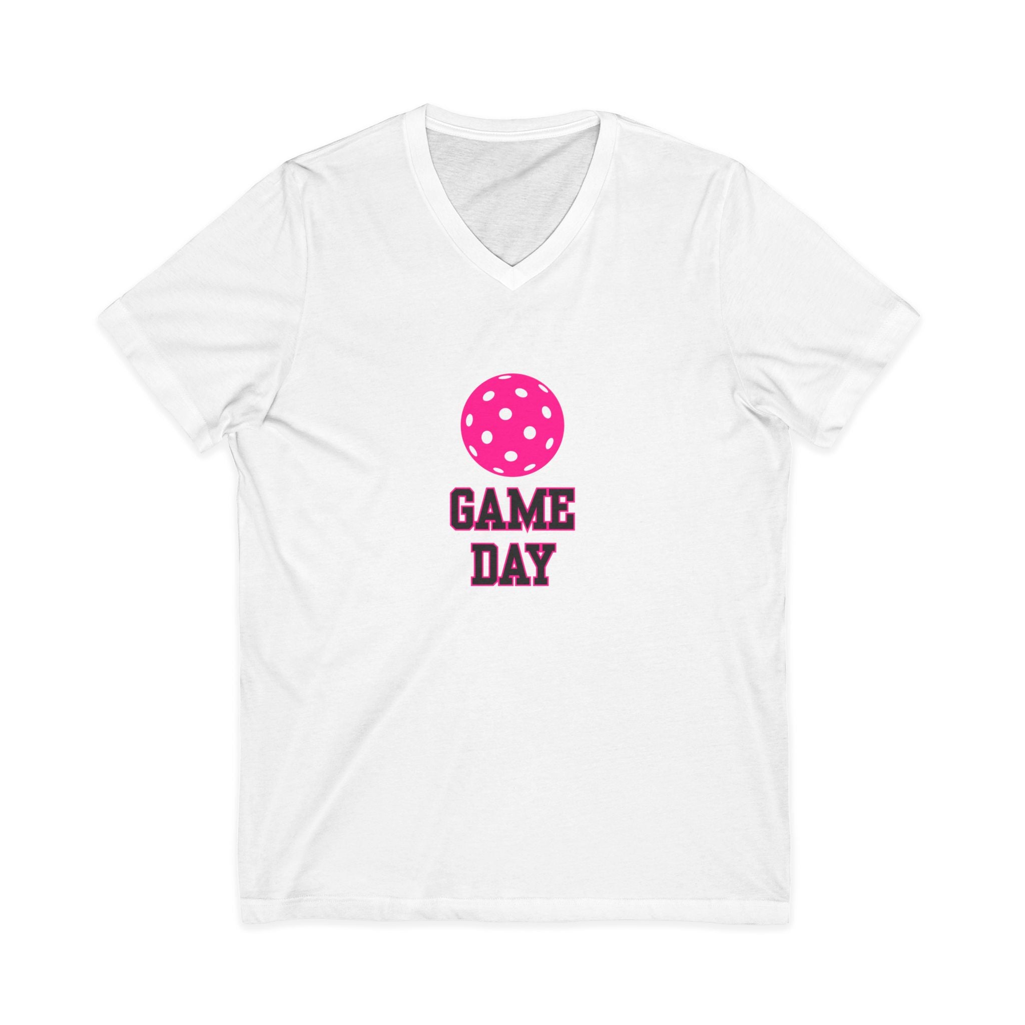 Pickleball. Unisex, V-Neck, Short Sleeve, Graphic T-Shirt. Game Day. Pink.