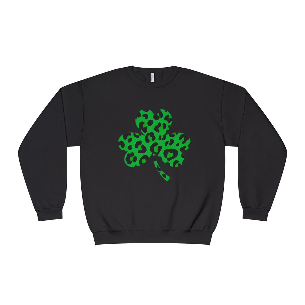 Lucky Moon. Ladies, Crew Neck, Medium-Heavy NuBlend fleece/cotton, Graphic Sweatshirt. Leopard Shamrock.