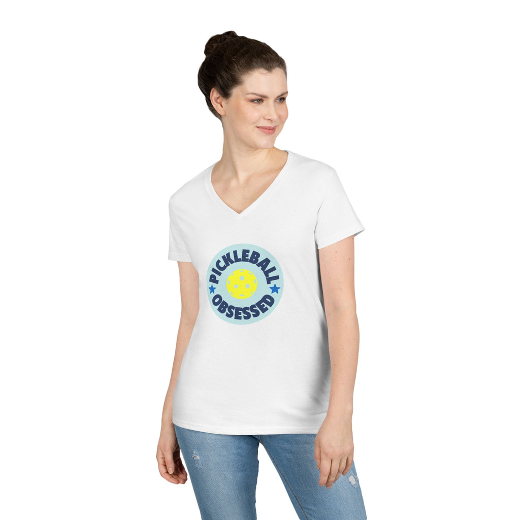 Pickleball. Ladies, V-Neck, Short Sleeve, Graphic T-Shirt. Pickleball Obsessed.