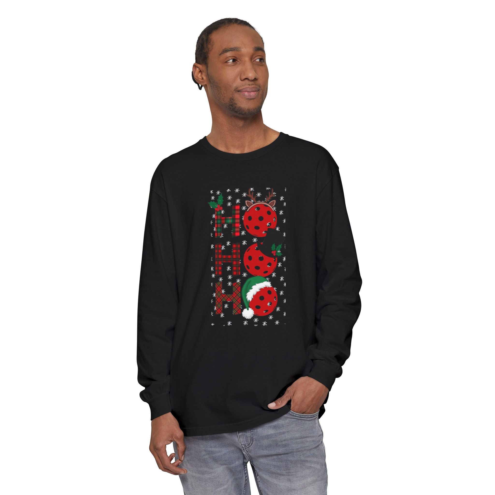 Holiday Moon. Unisex, Crew Neck, Long Sleeve, Graphic T-Shirt. Pickleball Ho.Ho.Ho.