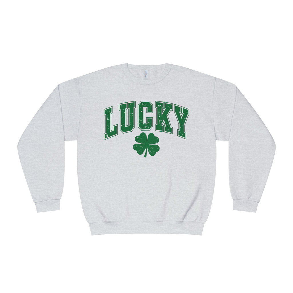 Lucky Moon.  Ladies, Crew Neck, Medium-Heavy NuBlend fleece/cotton, Graphic Sweatshirt. Lucky Collegiate.