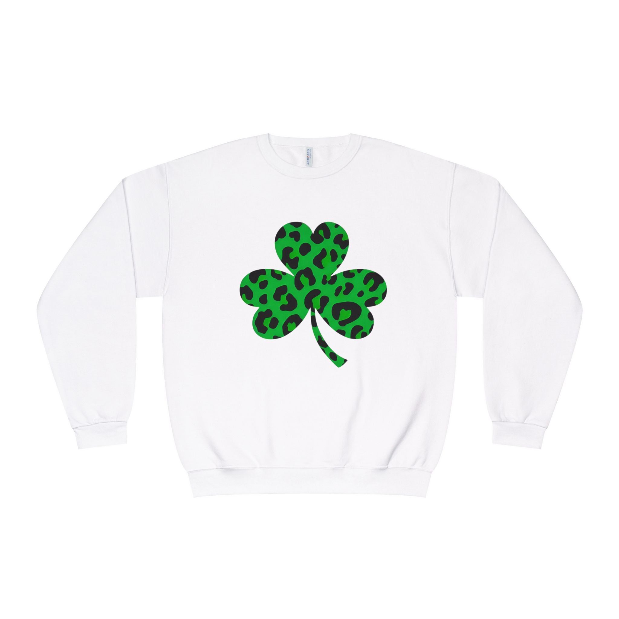 A Lucky Moon. Ladies, Crew Neck, Medium-Heavy NuBlend fleece/cotton, Graphic Sweatshirt. Leopard Shamrock.