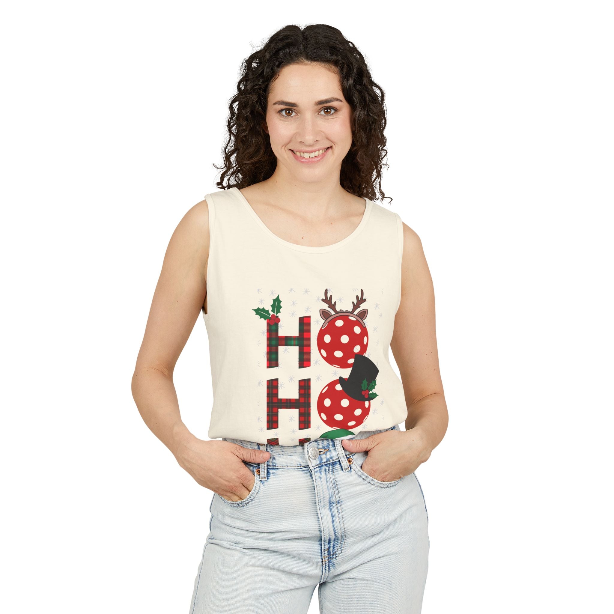 Holiday Moon. Unisex, Lightweight, Cotton, Graphic Tank. Pickleball Ho.Ho.Ho.