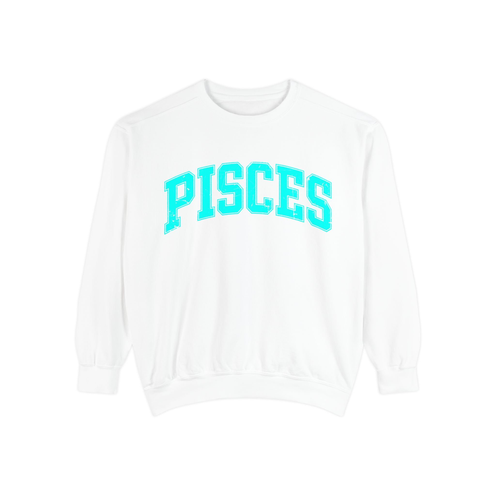 The Zodiac Collection. Unisex Garment-Dyed Crew Neck, Graphic Sweatshirt. Pisces in Aqua.