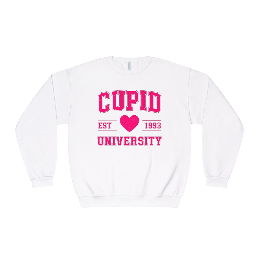 A Valentine Holiday Moon. Ladies, Crew Neck, Medium-Heavy NuBlend fleece/cotton, Graphic Sweatshirt. Cupid University. White/Pink.