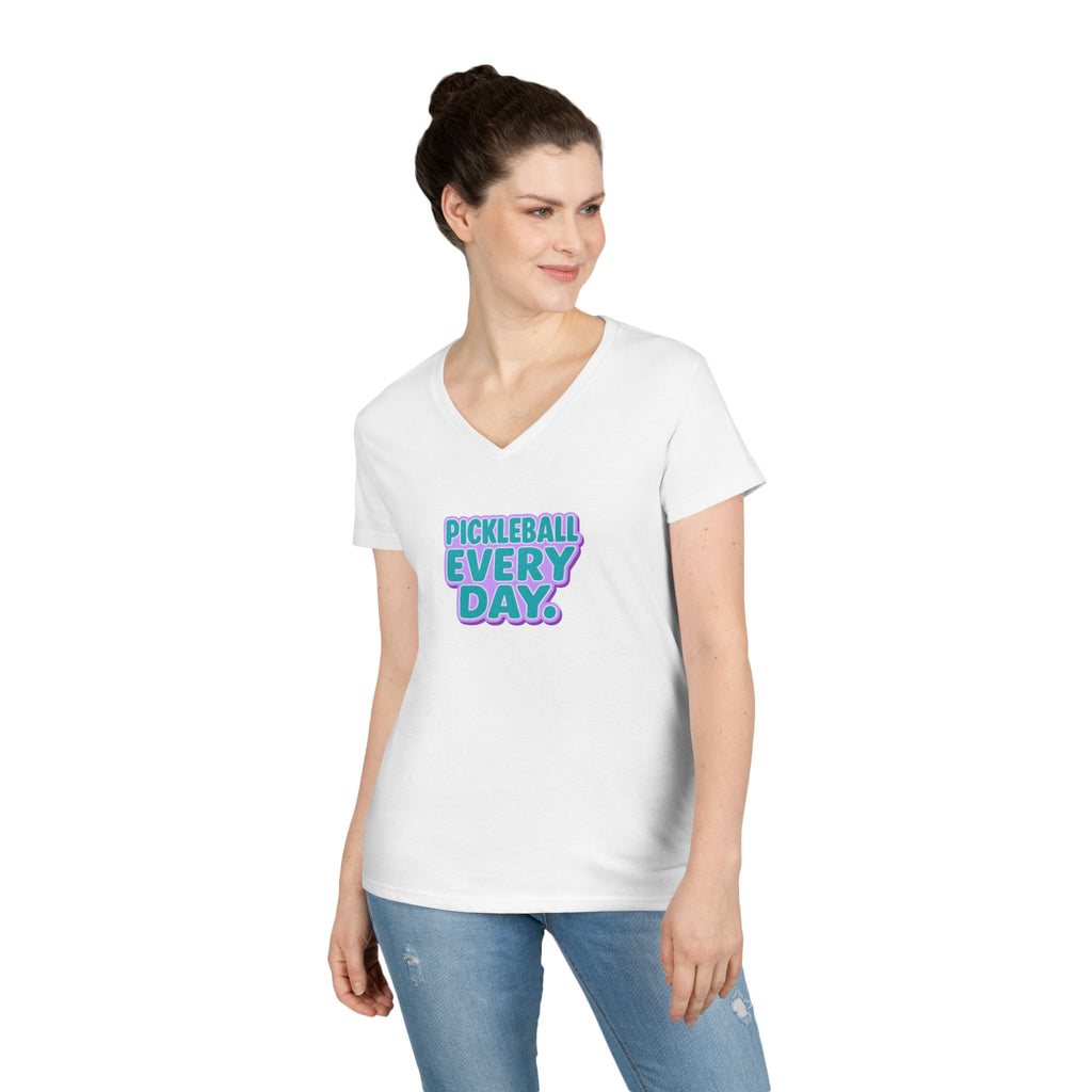 Pickleball. Ladies, V-Neck, Short Sleeve, Graphic T-Shirt. Pickleball Every Day.