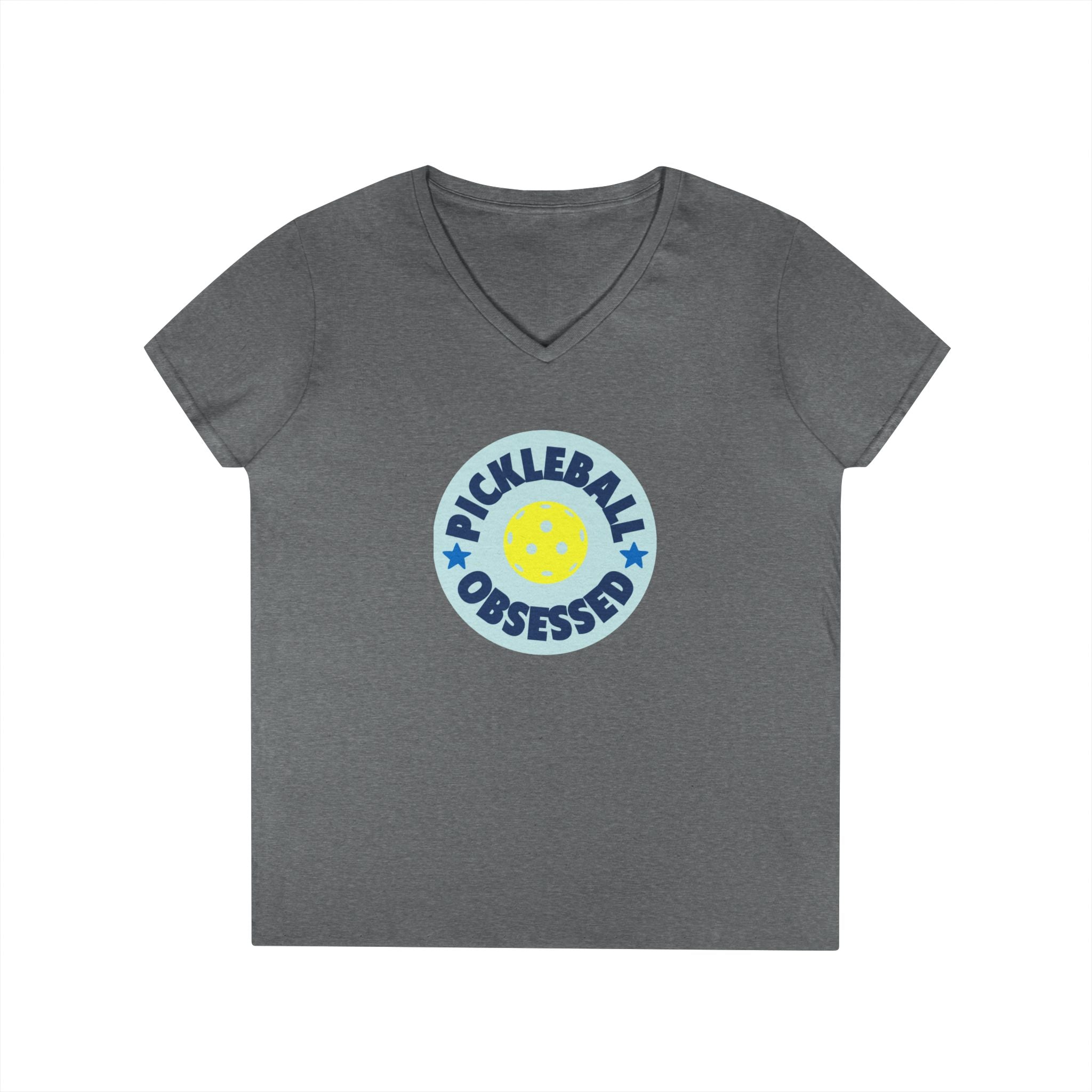 Pickleball. Ladies, V-Neck, Short Sleeve, Graphic T-Shirt. Pickleball Obsessed.
