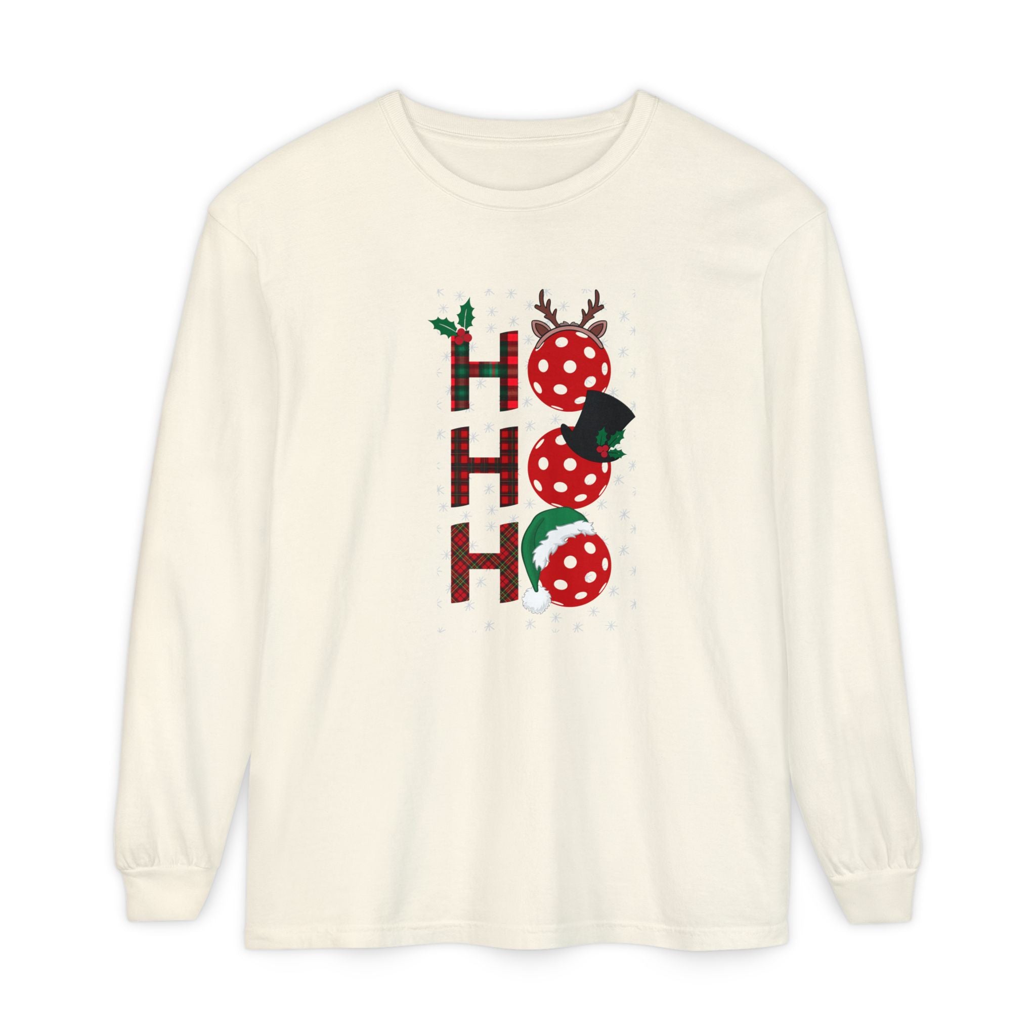 Holiday Moon. Unisex, Crew Neck, Long Sleeve, Graphic T-Shirt. Pickleball Ho.Ho.Ho.