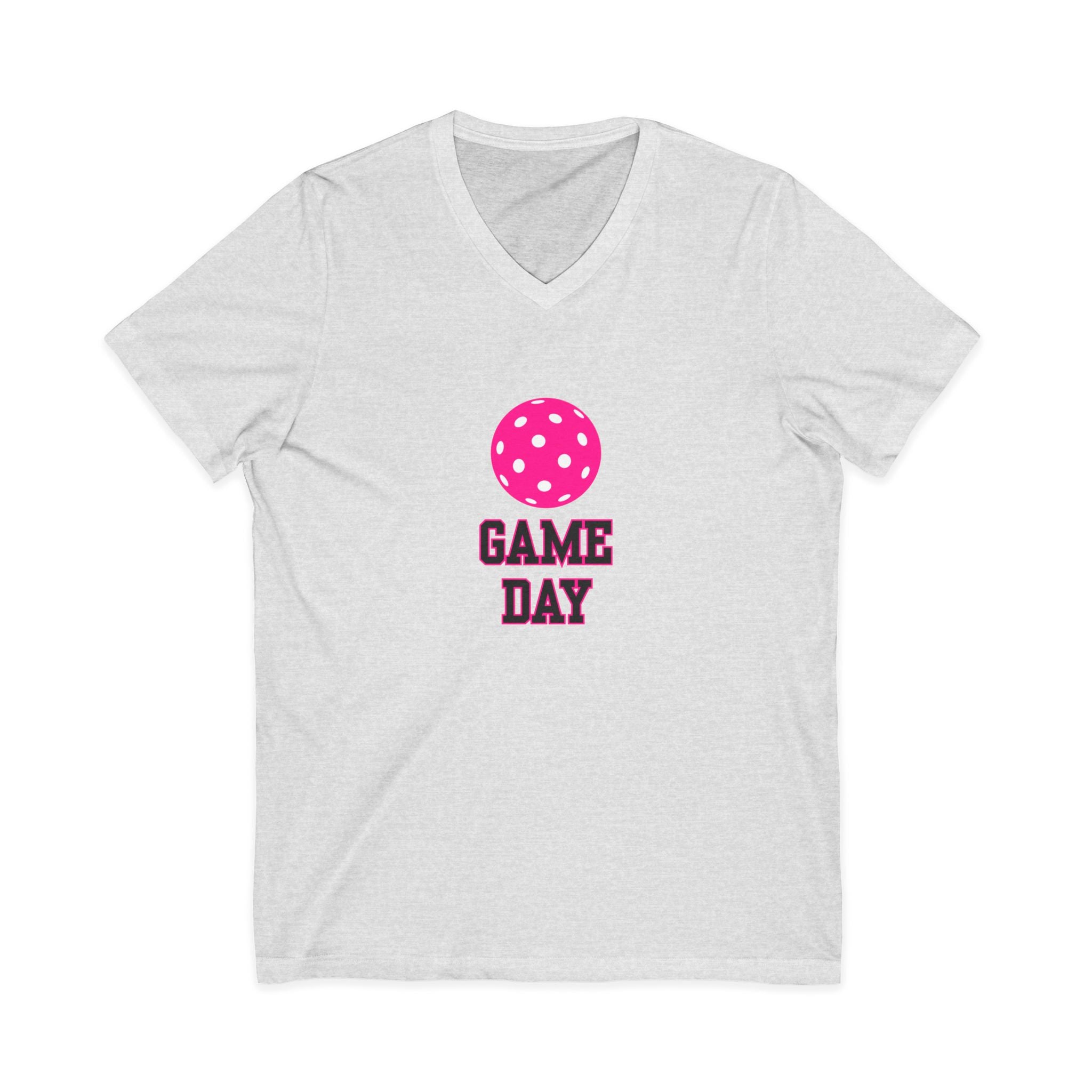 Pickleball. Unisex, V-Neck, Short Sleeve, Graphic T-Shirt. Game Day. Pink.