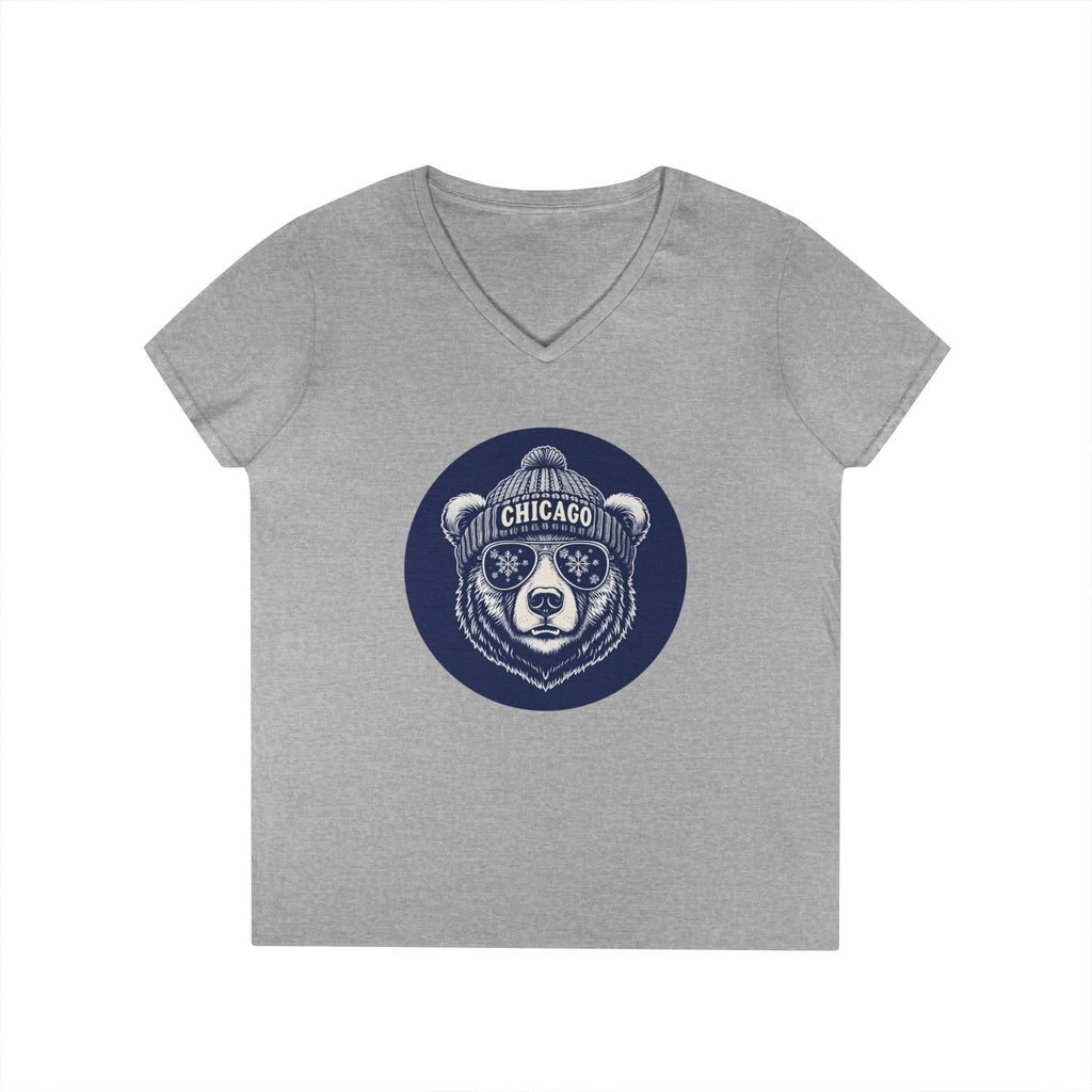Sporty Soul. Ladies, V-Neck, Short Sleeve, Graphic T-Shirt. Retro Winter Beanie Bear.