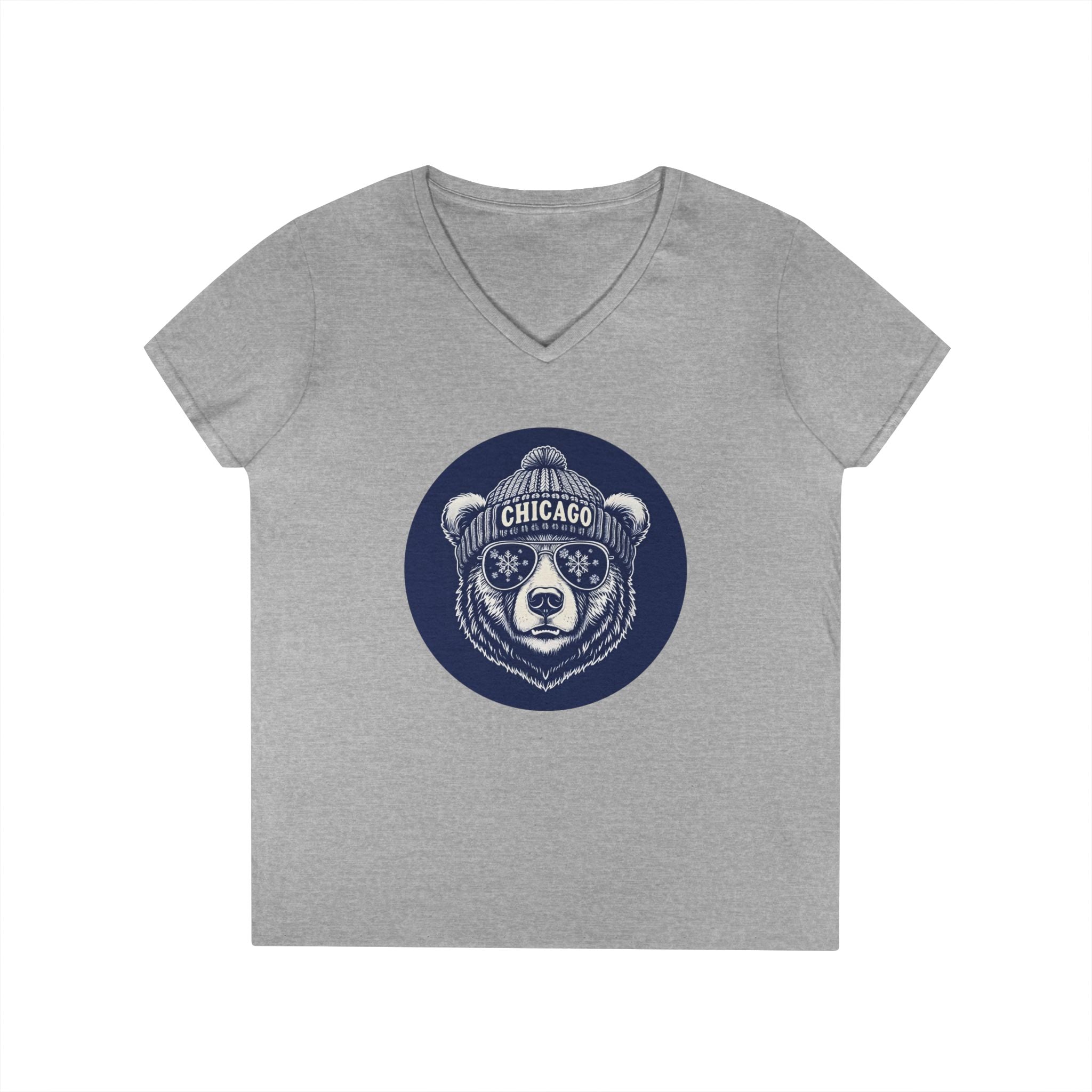 Sporty Soul. Ladies, V-Neck, Short Sleeve, Graphic T-Shirt. Retro Winter Beanie Bear.