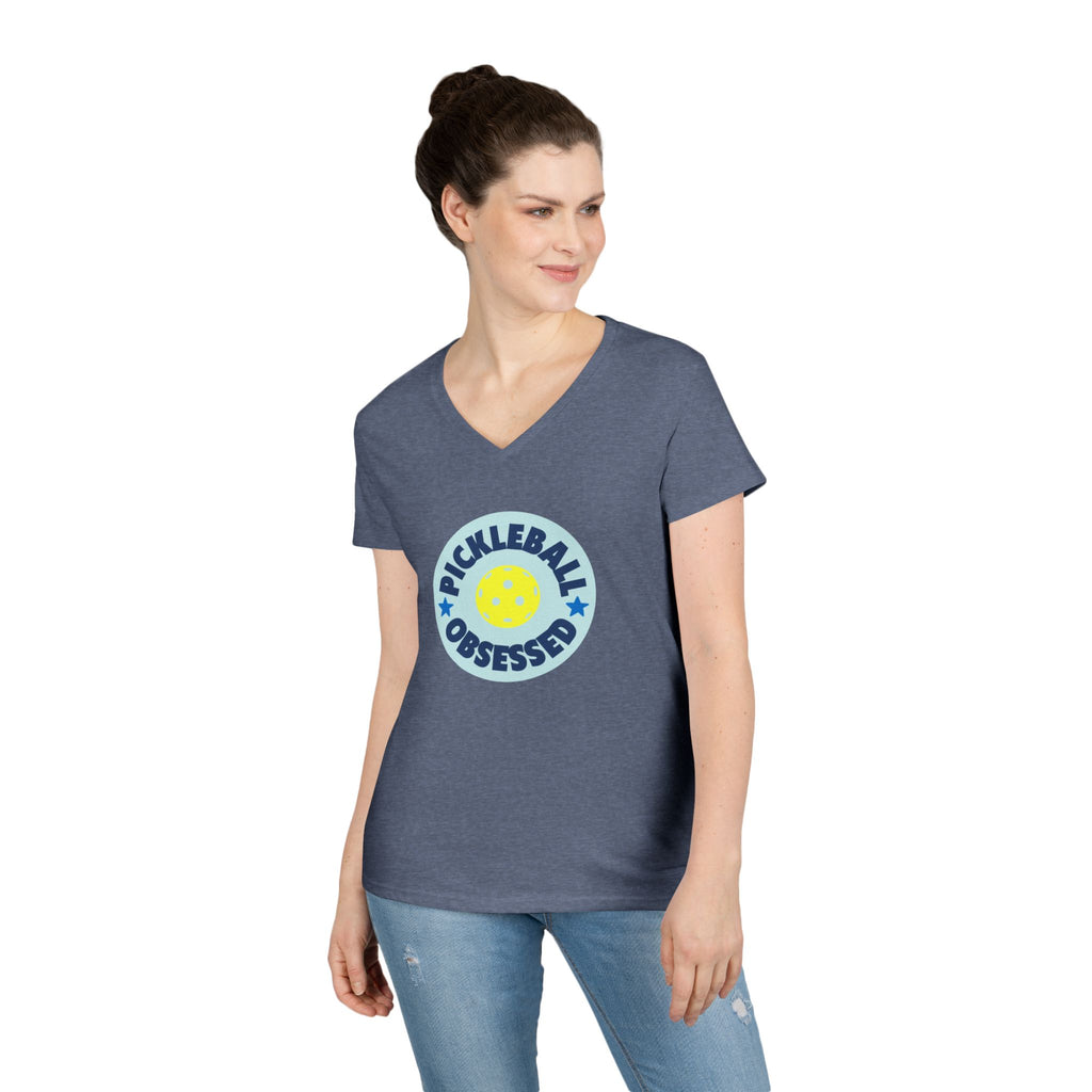 Pickleball. Ladies, V-Neck, Short Sleeve, Graphic T-Shirt. Pickleball Obsessed.