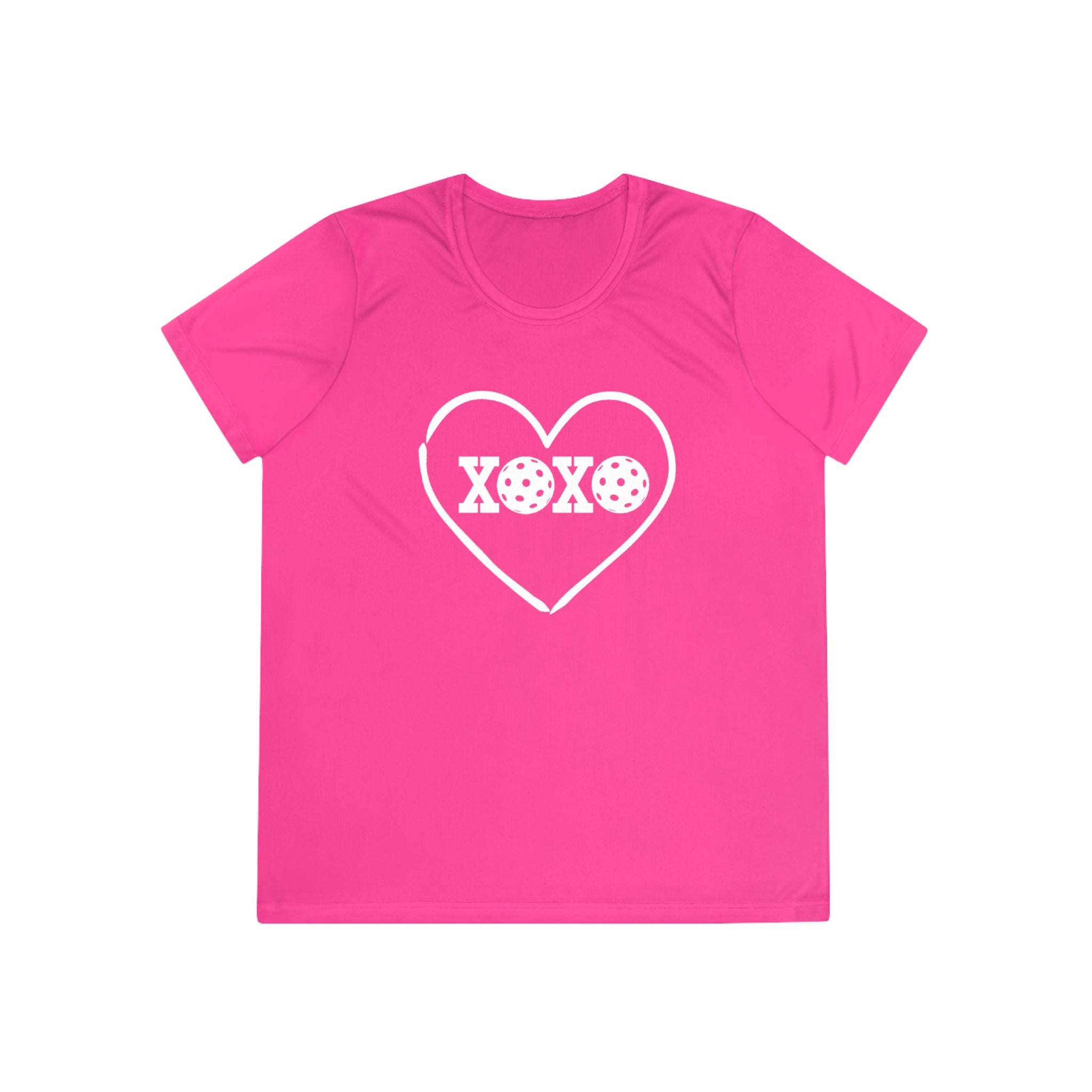 A New Pickleball Dryfit. Ladies, short sleeve, crew neck, moisture-wicking fabric, graphic tee. XOXO. Available in 9 colors.