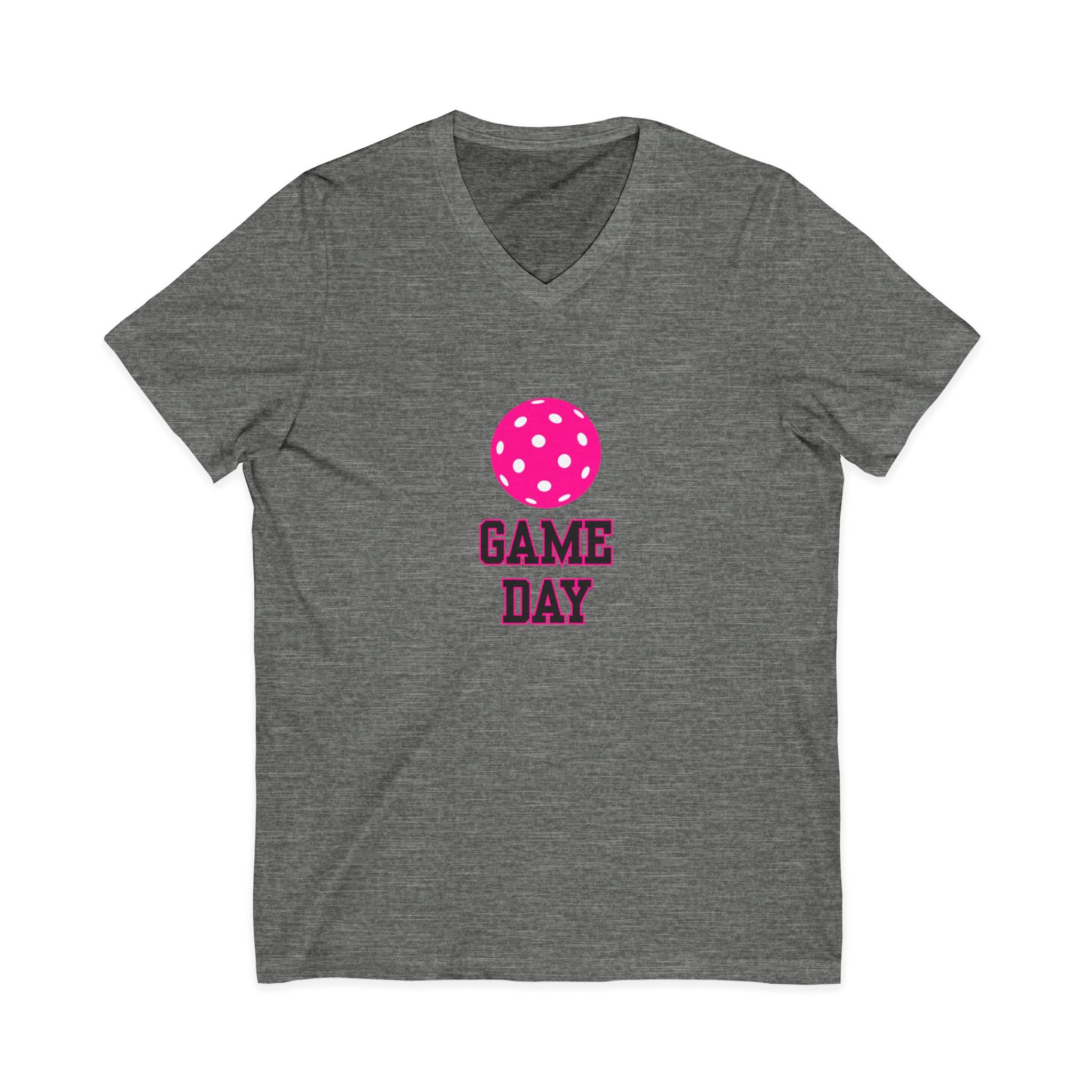 Pickleball. Unisex, V-Neck, Short Sleeve, Graphic T-Shirt. Game Day. Pink.