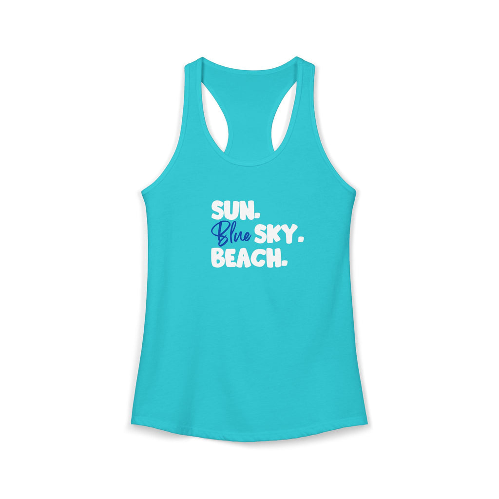 Coastal Moon Collection. Ladies, lightweight cotton/poly blend, racerback, graphic tank.Sun.Blue Sky.Beach.