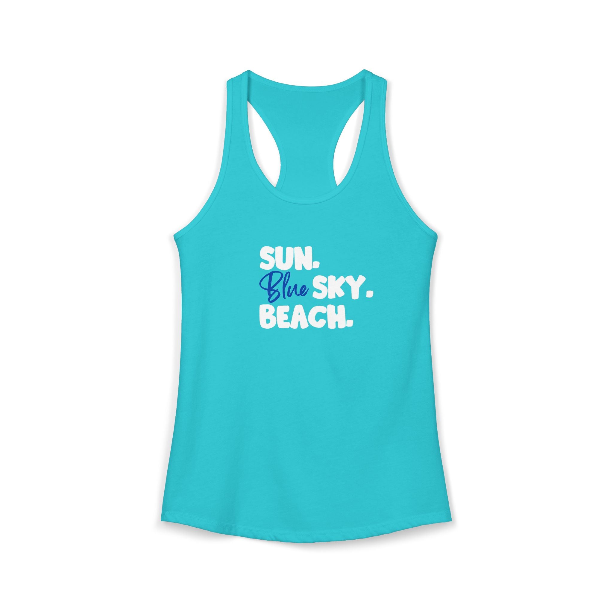 Coastal Moon Collection. Ladies, lightweight cotton/poly blend, racerback, graphic tank.Sun.Blue Sky.Beach.