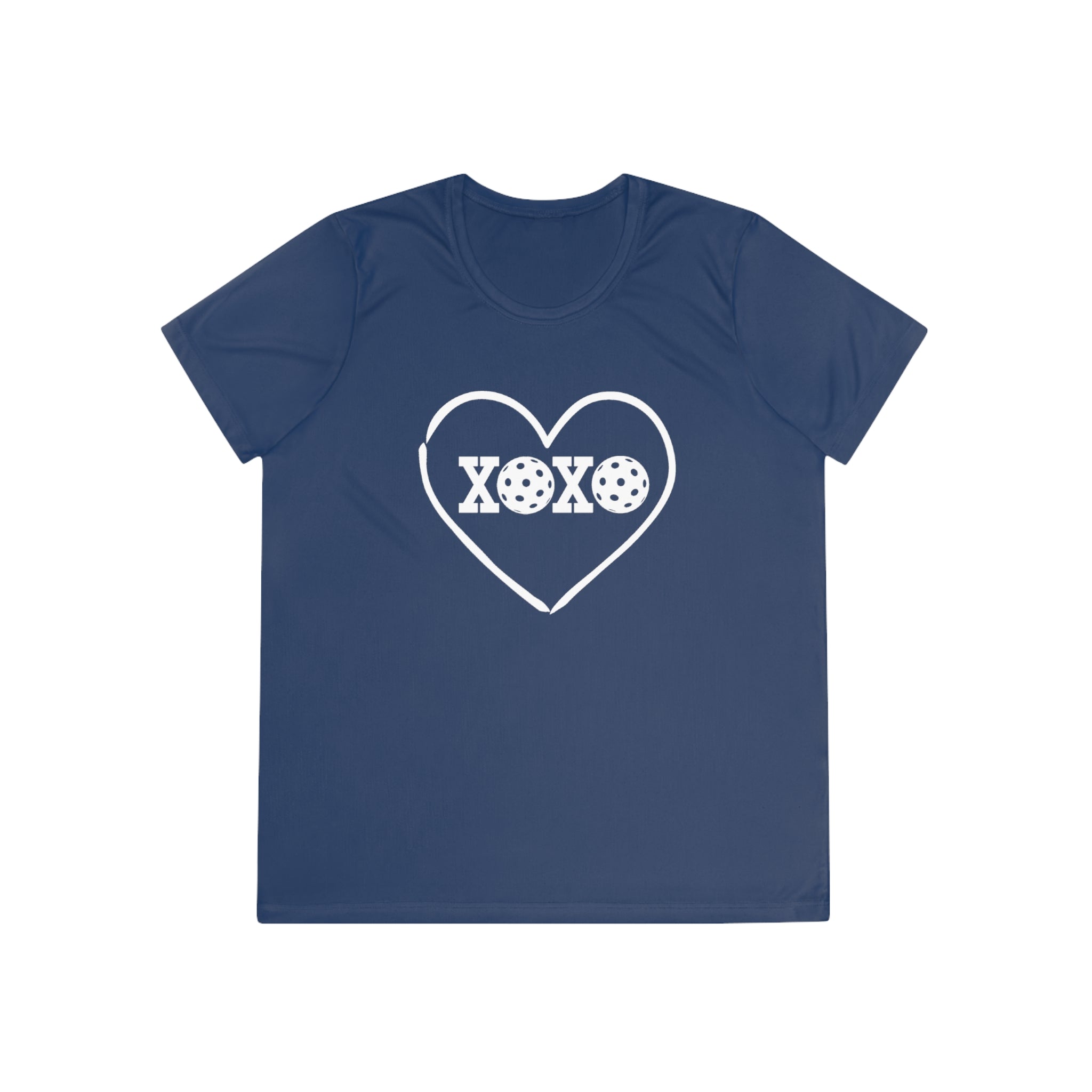 A New Pickleball Dryfit. Ladies, short sleeve, crew neck, moisture-wicking fabric, graphic tee. XOXO. Available in 9 colors.