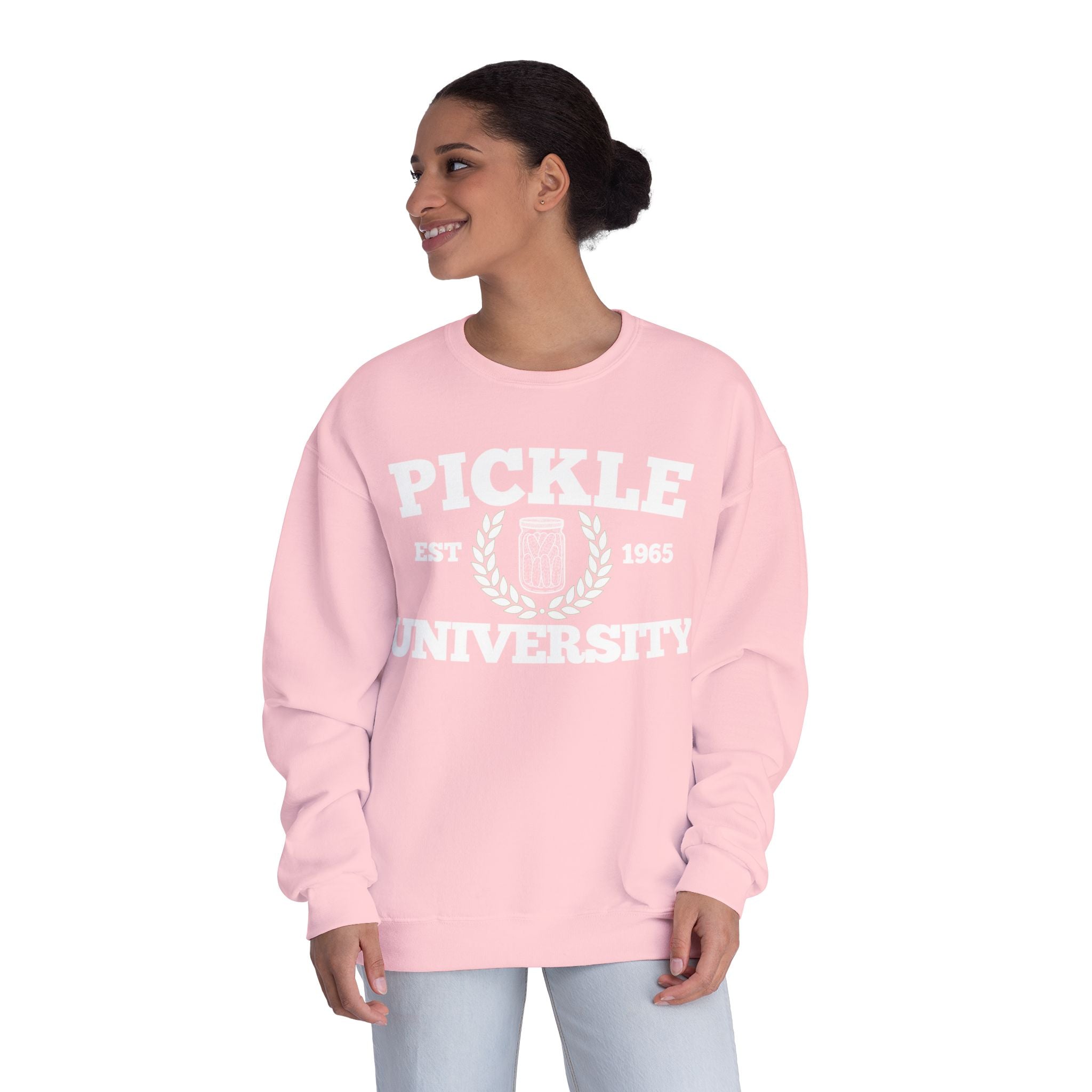 Pickleball. Ladies, Crew Neck, Medium-Heavy NuBlend fleece/cotton, Graphic Sweatshirt. Pickleball. 7 Color Options. Vintage “Pickle Est. 1965” College Style.