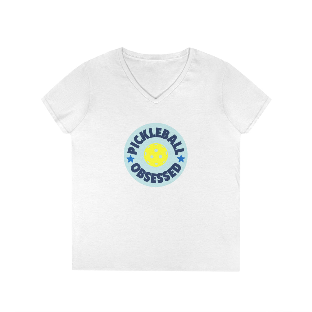 Pickleball. Ladies, V-Neck, Short Sleeve, Graphic T-Shirt. Pickleball Obsessed.
