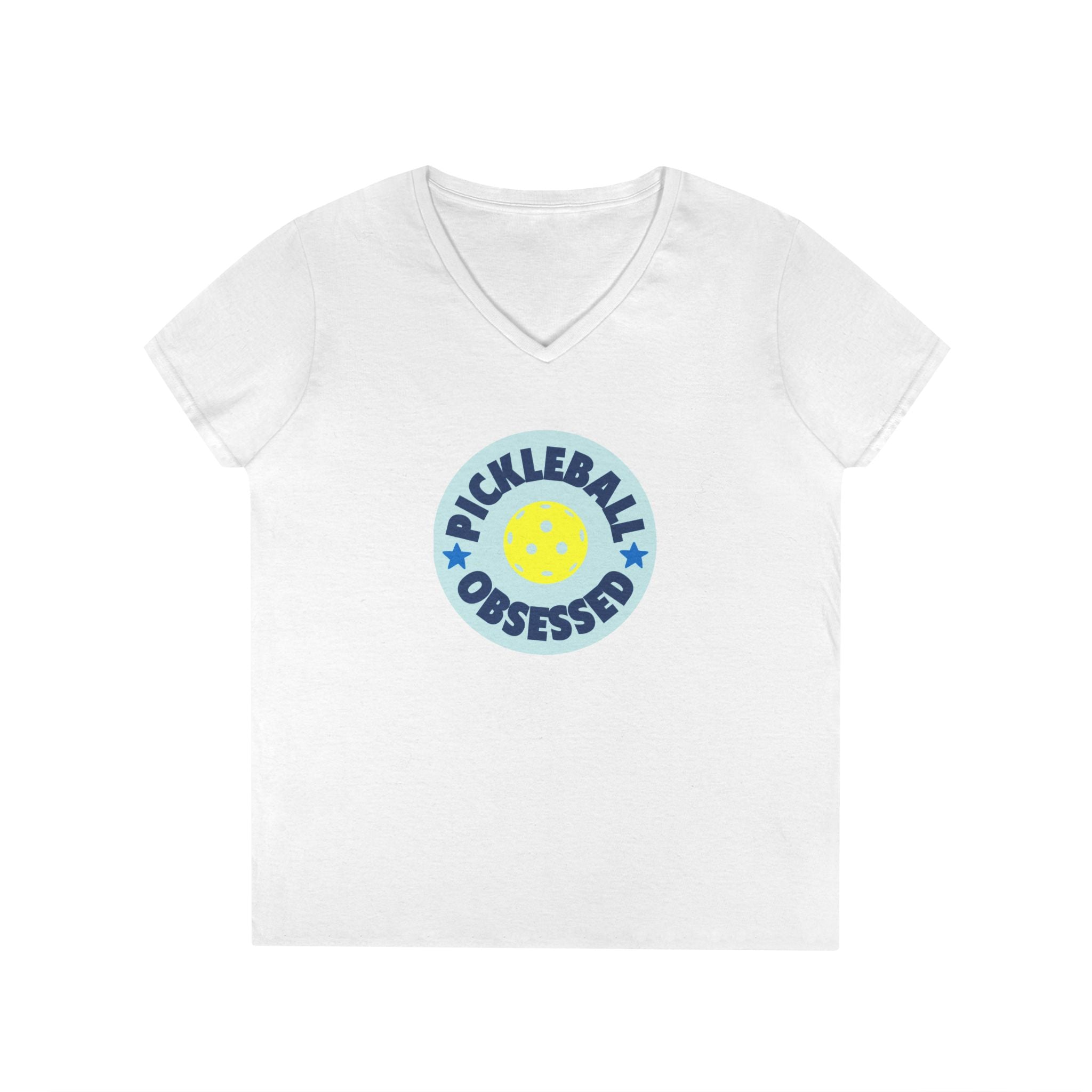 Pickleball. Ladies, V-Neck, Short Sleeve, Graphic T-Shirt. Pickleball Obsessed.
