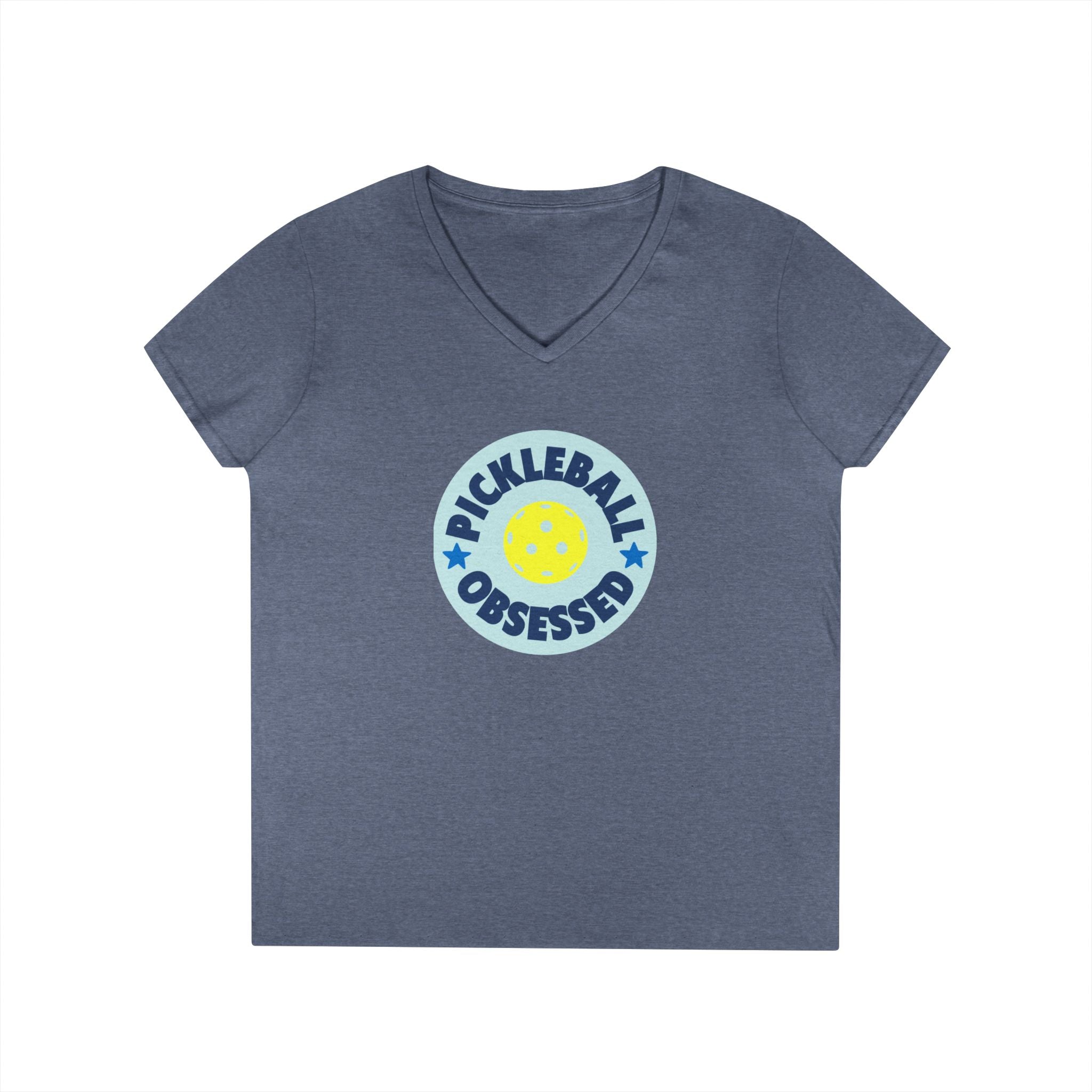 Pickleball. Ladies, V-Neck, Short Sleeve, Graphic T-Shirt. Pickleball Obsessed.