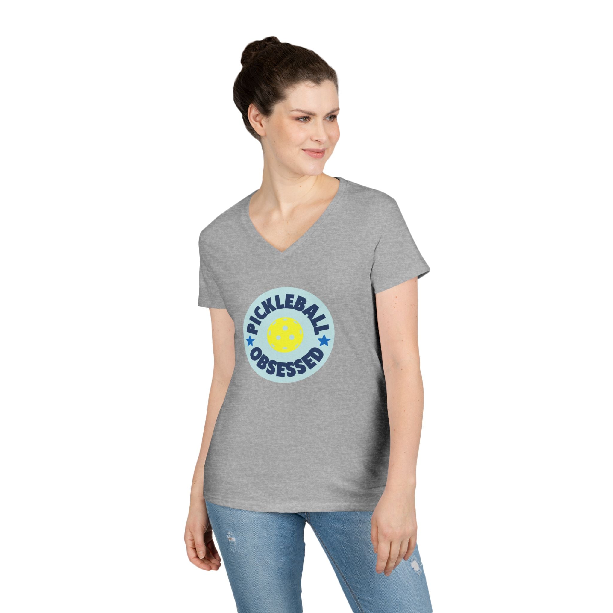 Pickleball. Ladies, V-Neck, Short Sleeve, Graphic T-Shirt. Pickleball Obsessed.