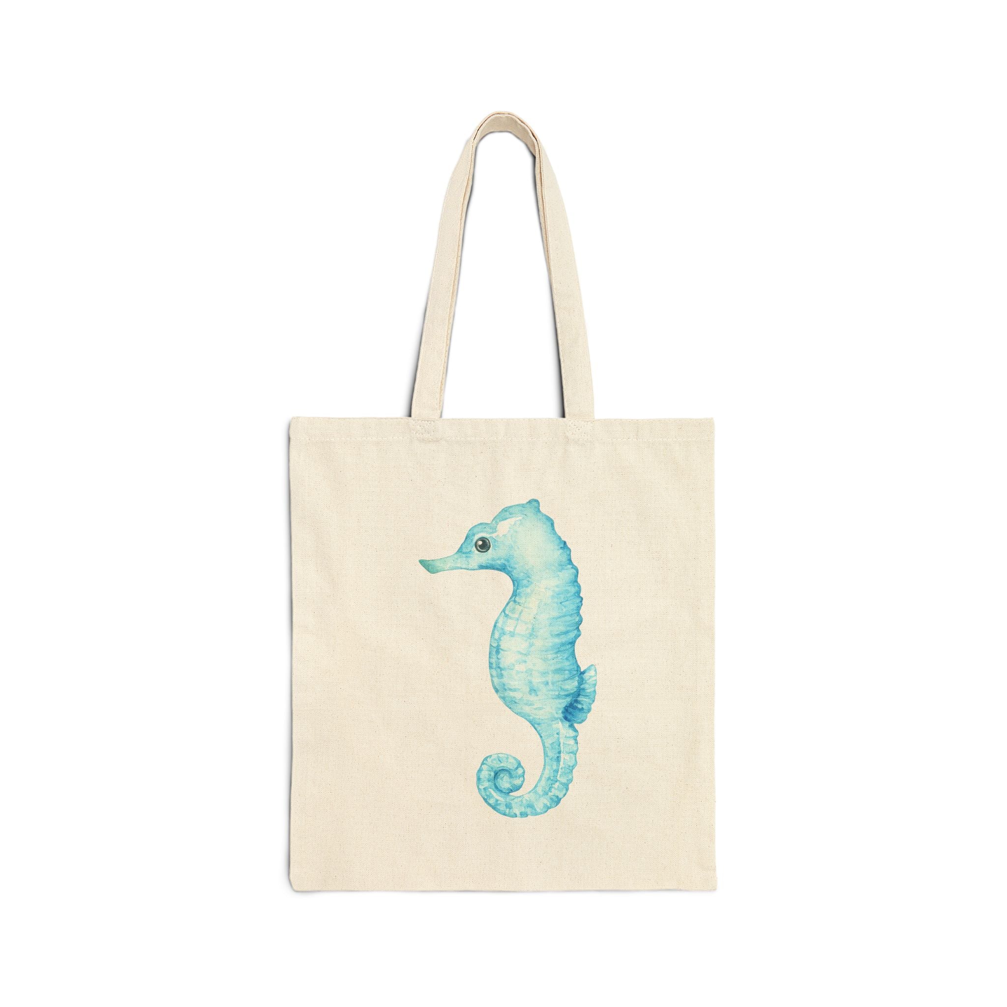 Coastal Collection. Canvas Beach/Market Tote Bag. Aqua Seahorse Watercolor.