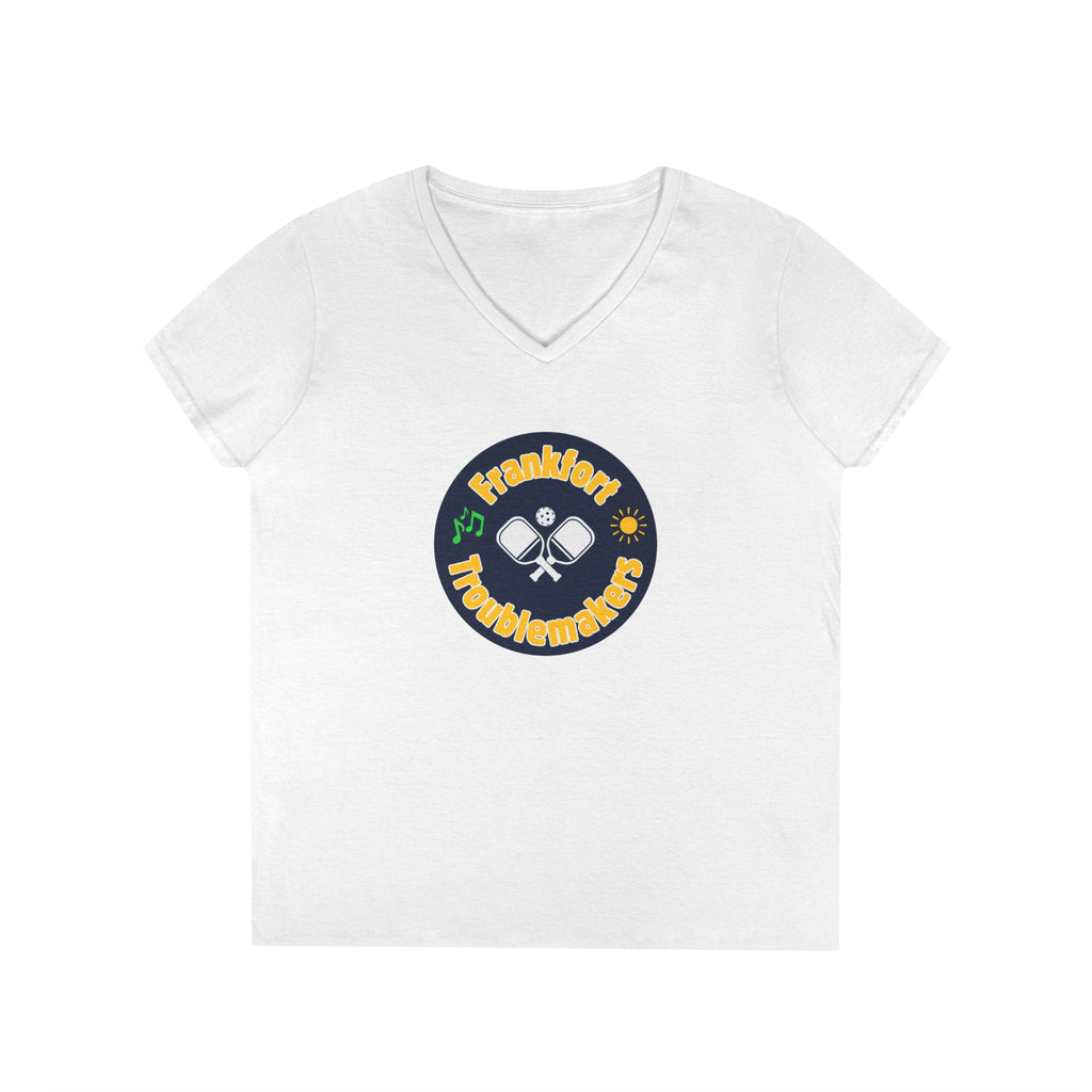 Pickleball. Ladies, V-Neck, Short Sleeve, Graphic T-Shirt. Frankfort Troublemakers.